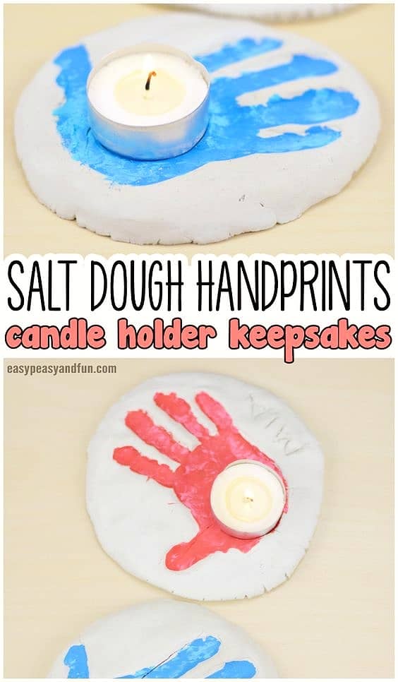 Easy DIY Salt Dough Handprint Votive Mothers Day craft kids can make. A great thoughtful Home Decor gift idea you can do for Mom's, GrandMa, or Grauntie on a budget.