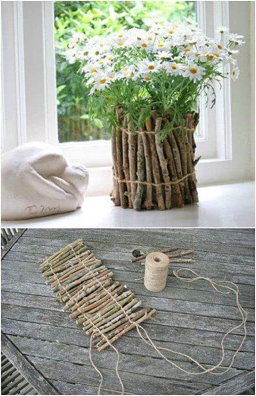 Easy DIY Rustic Twig and stick Vase Mothers Day craft kids can make. A great Home Decor Garden gift idea you can do for Mom's, GrandMother, or Grauntie on a budget.