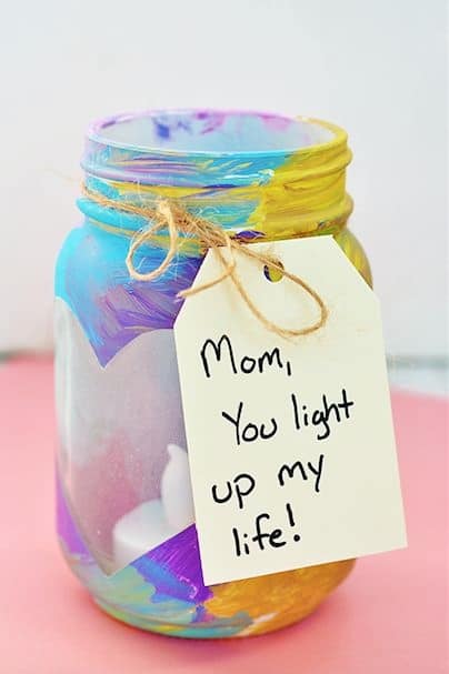 Easy DIY Votive Jar with thoughtful card. A Mothers Day craft kids can make. A great Home Decor gift idea you can do for Mom's, GrandMa, or Grauntie on a budget.