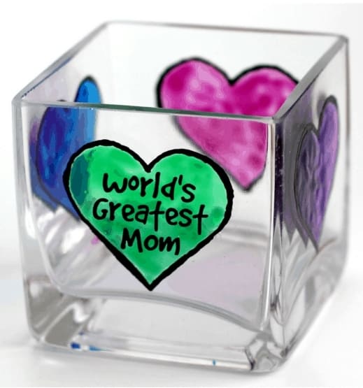 Easy DIY Glass Votive Mothers Day craft kids can make. A great Home Decor gift idea you can do for Mom's, GrandMa, or Grauntie on a budget.