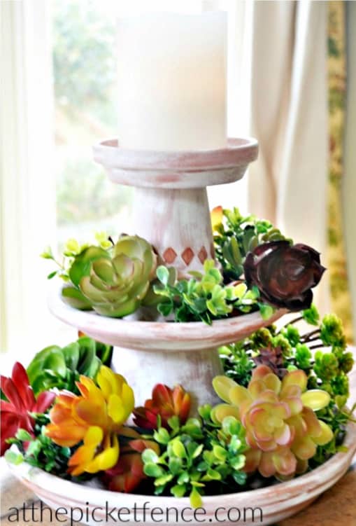 DIY clay pot tiered display candle centerpiece craft cheap Mother's Day gift 