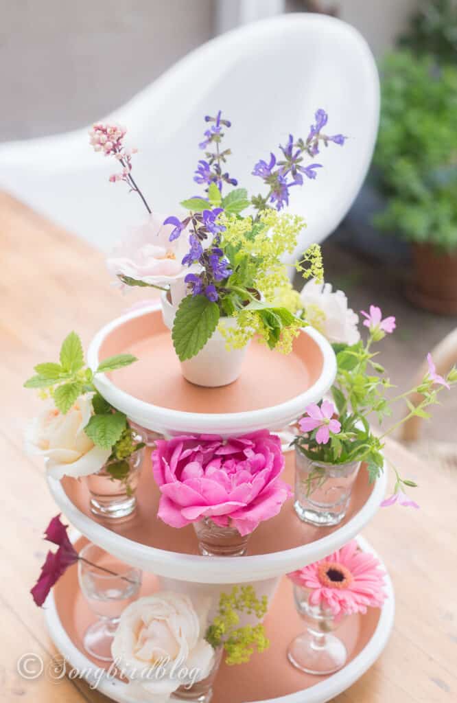 Easy clay pot tiered centerpiece display DIY Mother's Day gift idea for spring