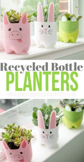 Easy DIY Recycled Bottle Planters Mothers Day crafts kids can make. A great Summer garden gift idea you can do for Mom's, GrandMother, or Grauntie on a budget.