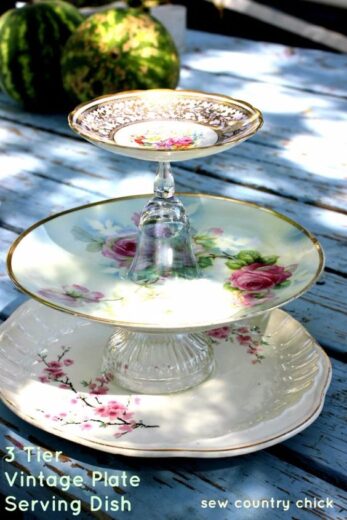 Easy DIY Mothers Day Gift Idea for Grandma 3 Tiered Vintage Plate Serving Dish. Mother's Day gifts DIY. Mothers Day crafts kids can make for Mom, for Grandma, and family. Unique DIY Basket Idea.