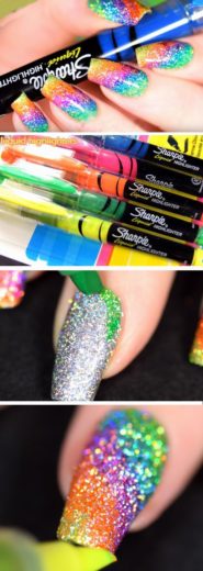 Rainbow nails made with Sharpie Highlighters and glitter nailpolish, great nail art, easy nail hack, unicorn nails nail design