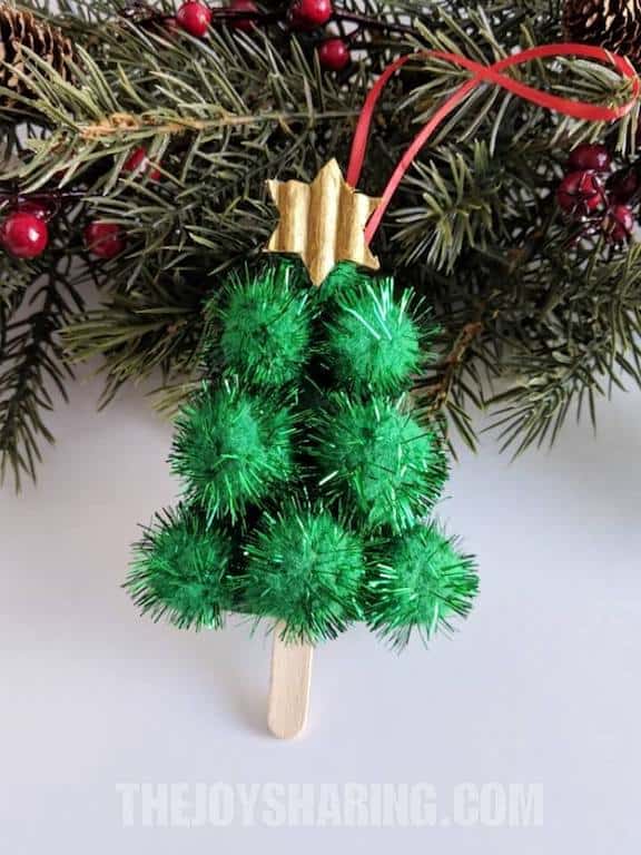 Easy DIY Popsicle Pom Pom Christmas Tree Ornament. Simple yet beautiful dollar store craft gift idea anyone can make, even kids,