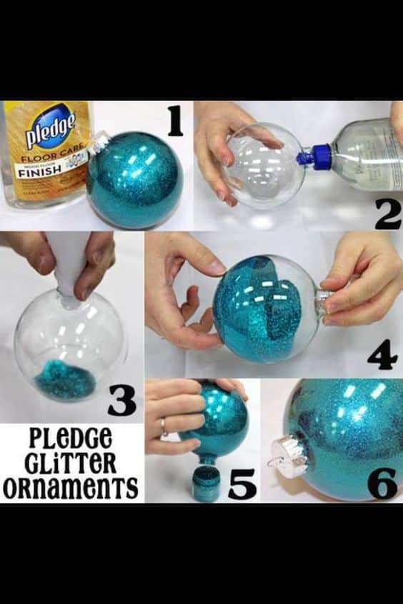 Easy DIY Glitter Ornaments using Pledge that looks store bought. Easy to customize, makes a great gift.