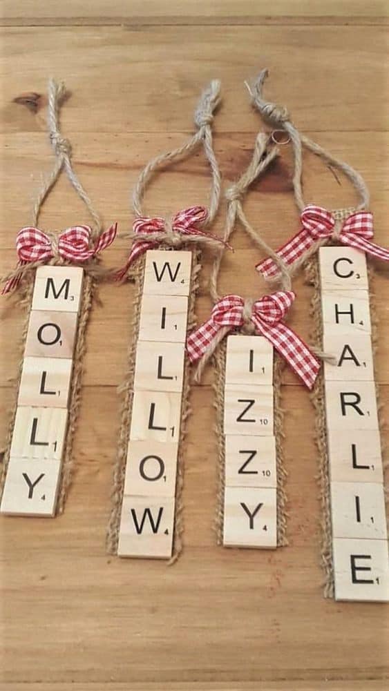 Easy DIY rustic scrabble Ornament. Simple yet beautiful dollar store craft gift idea anyone can make, even kids. For friends, teachers, bestie, boyfriend, mother, or family.