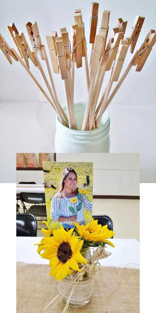 Glue photos to stock paper and sticks and insert into a Rustic Graduation Party centerpiece. Easy DIY Graduation Party Decoration Ideas using Pictures.