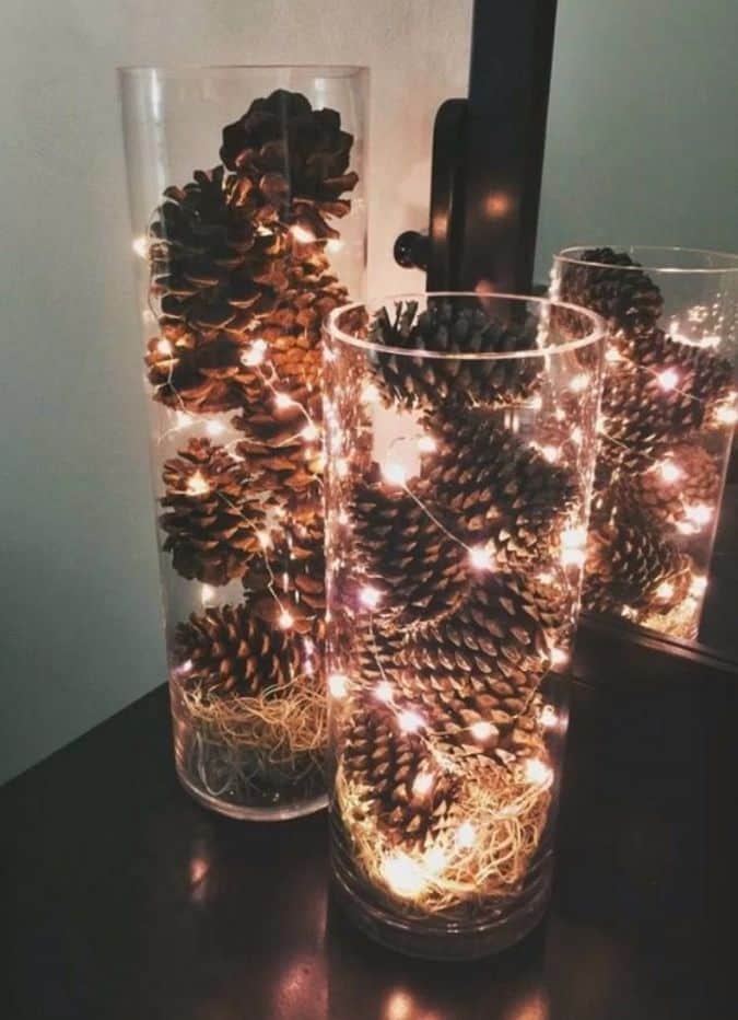 Easy DIY Christmas Decorations Pine cone lighted Vase