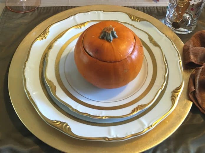 Easy DIY Pumpkin bowls for gourmet pumpkin soup. Gourmet Thanksgiving table.