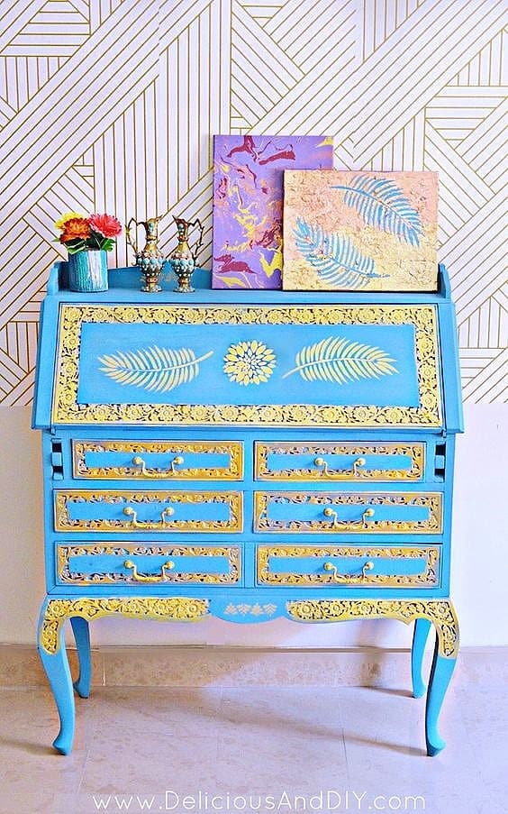 Blue and gold stenciled Secretary Desk perfect small office Space Solution, Dorm Furniture, Apartment Furniture, DIY, Small Office, Home Office, and Organization idea.