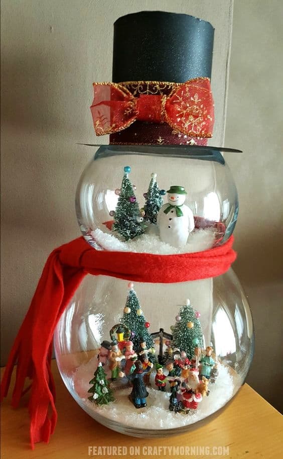 Easy DIY Fish Bowl Snowman. Elegant Christmas Decoration idea for the mantle, table, wedding, party. Great budget decor.