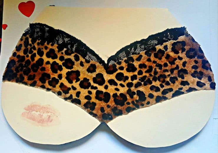 Easy DIY Lingerie Valentines Day Card for him with DIY lotto scratchers, is better than store bought. Made of old leopard pajamas and lace, perfect for a long distance relationship, Galentines Day, Anniversary, Bachelorette, or even Birthday.