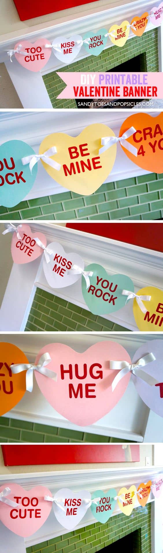 Easy DIY Conversation Heart Valentines Day Heart Garland and Mantel Valentines Day Decor, from The Ultimate DIY Valentines Day Guide, for him, for her, for kids, crafts, boyfriend gifts, budget