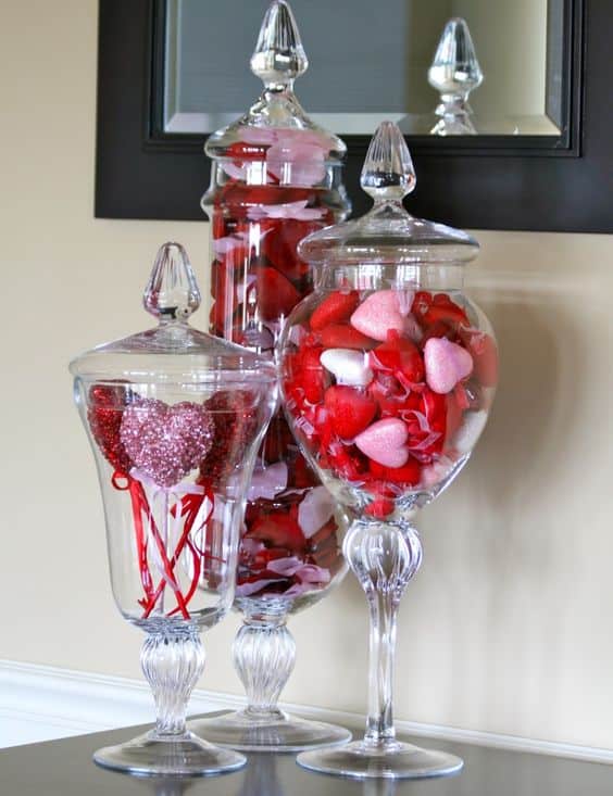 Easy DIY Valentines Day Apothecary Jar Decor Ideas for your home and Mantel. Decor, crafts, Table Decor, from the Ultimate DIY Guide To Valentines Day