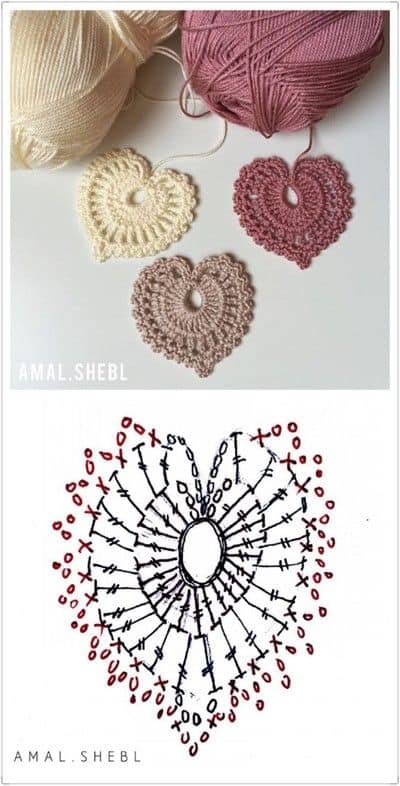 Easy DIY Valentines Day Crotchet Hearts including pattern, can also be made into a necklace, from the Ultimate DIY Valentines Day Guide, gifts for him, boyfriend gifts, Valentines Day decor, crafts, kids, for her