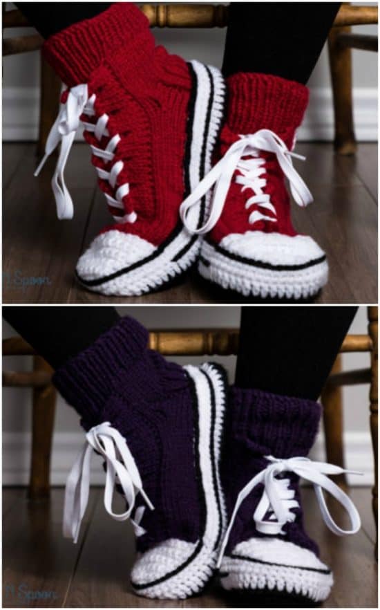 DIY Crochet Converse Slippers with FREE Pattern and how to video tutorial. The best free crotchet patterns and tutorials. Cute, trendy outfit ideas for Spring Summer. Also makes a great gift.