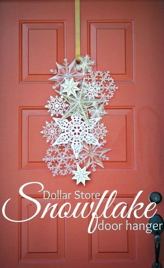 Easy DIY Dollar Store Snowflake door hanging. Simple yet beautiful dollar store craft idea anyone can make, even kids. For weddings, or a party.