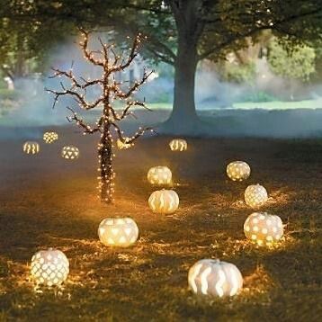 White Lighted Pumpkin outdoors