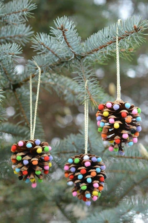 Easy DIY Pincone pom pom Ornament. Simple yet beautiful dollar store craft gift idea anyone can make, even kids