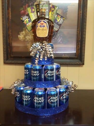 Easy beer and whiskey tower DIY gift basket idea for men.